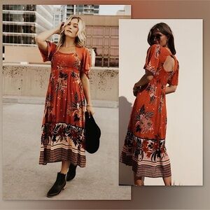 🧶Bohme Jade Smocked Bohemian Midi Dress in Rust & Black Tropical